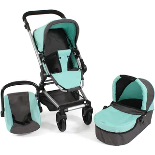 Bayer Chic 2000 Kombi-Puppenwagen Fides 3in1, Melange mint mit Babywanne, Sportsitz und Autositz, grau