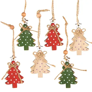 Tannenbaum Anhänger Holz 6 Stück – Weihnachtsanhänger 9,5 cm rot grün Natur mit Punkten – Christbaumschmuck zum Aufhängen – Logbuch-Verlag
