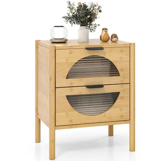 FANTASK Nachttisch aus Bambus, Nachtschrank mit Schublade aus gehärtetem Glas, Couchtisch Holz, Nachtkommode für Schlafzimmer, Wohnzimmer, Natur (45 x 40 x 56 cm)