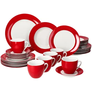 MamboCat Variant Rot 30tlg Kombiservice I Porzellan-Geschirrset mit rotem Rand für 6 Personen I Je 6x Kaffeetassen 200ml, Untertassen, Kuchenteller, Suppenteller & Speiseteller
