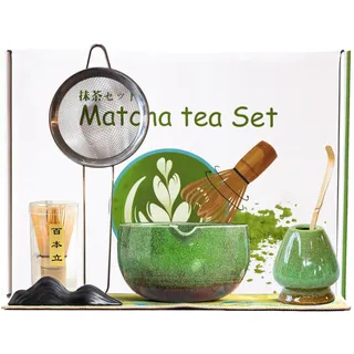Qxeutm Matcha Set 7-teiliges Premium Matcha Tea Set mit Matcha Schale mit Ausgießer & Bambus-Chasen (100+ spitzen), Halter, Löffel, Sieb, Sacktuch, Komplettes ceremonial Matcha Starter Set (Grün)