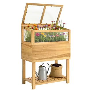 Hochbeet mit Frühbeetaufsatz aus Holz, erhöht, mit aufklappbarer Abdeckung, Stauraumregal, Vliesstoff, ergonomisch
