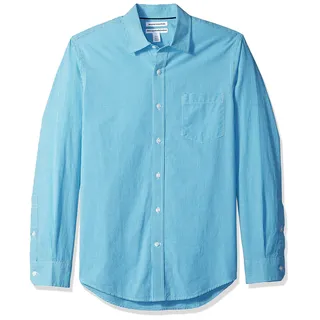 Amazon Essentials Herren Langärmeliges Hemd aus Popeline, Schmale Passform, Aquablau Vichy-Muster, L
