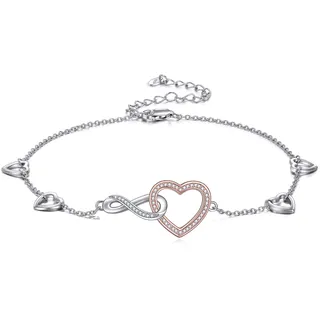 YAFEINI Unendlichkeit Herz Fußkettchen für Damen 925 Silber Strand Fußkette Armband Verstellbares Zierliches CZ Immer Zusammen Bettelarmband Schmuck für Frauen Damen Mama Tochter