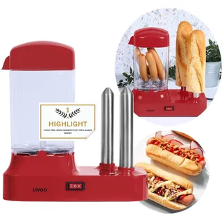 Hot Dog Maker für 6 Würstchen - Hot-Dog Maschine mit abnehmbaren Wärmebehälter - Würstchenwärmer mit Edelstahlspieße zur Brötchen Erwärmung – 340 Watt