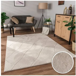 Paco Home Teppich Wohnzimmer Schlafzimmer Kurzflor Uni Farben, 3D-Design, Rauten Muster, besonders weich, beige