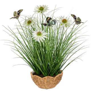 Oairse Kunstpflanze Dekogras Kunstpflanze Zwiebelgras mit Gänseblümchen und Schmetterling, Dekoratives Künstliches Grün, Freistehend für Zuhause, Büro, Hotel, Party, Hochzeit Dekoration