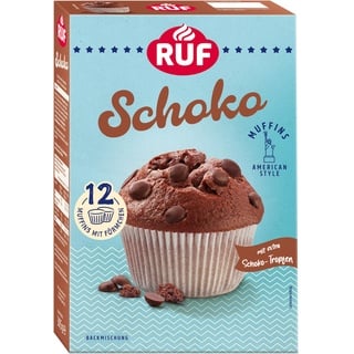 RUF Schoko-Muffins Backmischung, schokoladige American Style Muffins mit Schockoflocken, einfache Zubereitung, 12 Muffin-Förmchen inklusive