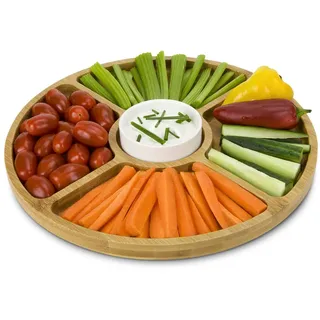 ROMINOX Geschenkartikel Servierteller // Rondo aus Bambus im Set mit einem Keramik-Dipschälchen, praktische Unterteilung in 4 Snackfächer, Snacks, Antipasti oder Tapas mit Dips; ca. 28 x 28 x 3.5 cm