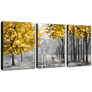 3 Teilig Leinwandbilder Bilder Abstrakt herbstlicher gelber Baum bild auf leinwand Wandkunst Modern Wandbilder Kunstdruck Deko für Wohnzimmer Schlafzimmer fertig zum Aufhängen 120x60cm(40x60x3)
