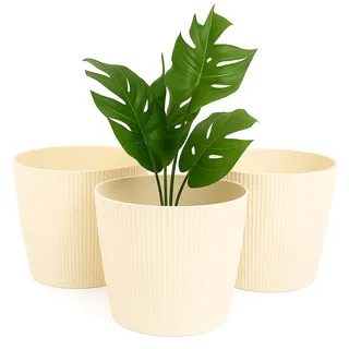Home Garden Ornaments Blumentopf Set 3er – Kunststoff Übertopf, geriffeltes Design, modern & dekorativ, für Zimmerpflanzen (15,5 cm, Creme)