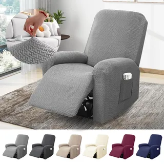 BOYIFEIJIE 1-Sitzer Sessel Überzug, Sesselbezuge Stretch mit Taschen, All-Inclusive Streifen-Jacquard Sesselschoner für Fernsehsessel Relaxsessel Sesselhusse (Hellgrau, 4-Teilig)