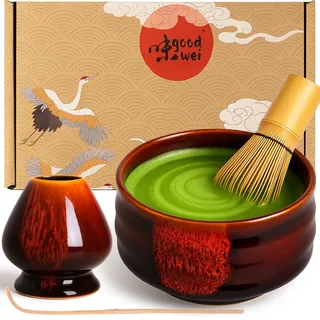 Goodwei Matcha Set komplett mit Matchabesen, Matcha Löffel und Matcha Schale aus Keramik mit Besenhalter im passenden Design | Kunstvoll gefertigte Zeremonieschale Chawan (Akai, 80)