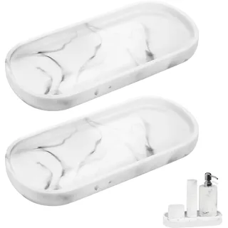 2 Stück Marmor-Design Badezimmer Tablett aus Silikon, Oval Schminktisch Tablett,für Gewebe Kerzen Handtuch Kleine Kosmetisch (25 * 11,Marmor Weiß)
