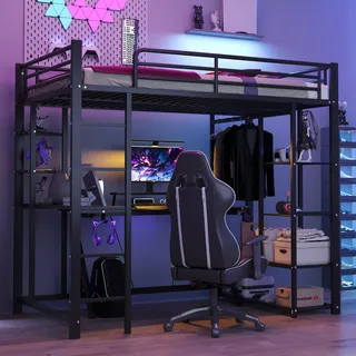 Sweiko Hochbett mit Leiter 90x200cm , Einzelbett Kinderbett mit Tisch mit einfacher Aufhängung mit Ablagefächern, Schwarz - Schwarz