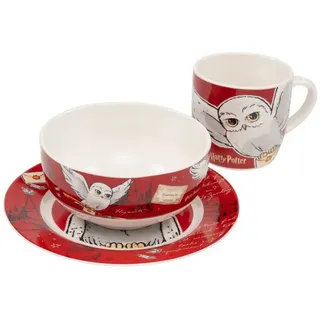 UNITED LABELS Harry Potter 3-teiliges Geschirrset, Rot, Frühstücksset aus Porzellan mit Teller Ø 19 cm, Tasse 220 ml und Schale 330 ml, Geschirr Set