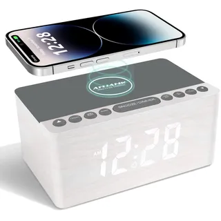ANJANK Hölzerner Radiowecker für das Schlafzimmer, Kabelloses Laden,10W Fast Wireless Charger for iPhone/Android,Handy USB Ladefunktion,5 Stufen Dimmer,Batterie Backup,Netzbetrieb,LED-Display,Weiß