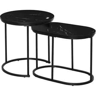 Homcom 2Er Set Couchtisch Satztisch Rund mit Faux Marmor Seite bis 30 kg Stahl Schwarz , Metall , 50x50.5x50 cm , Wohnzimmer, Wohnzimmertische, Couchtische