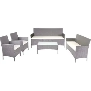 3-2-1-1 Poly-Rattan Garten-Garnitur Halden, Lounge-Set Sitzgruppe Sofa grau, Kissen creme - Grau
