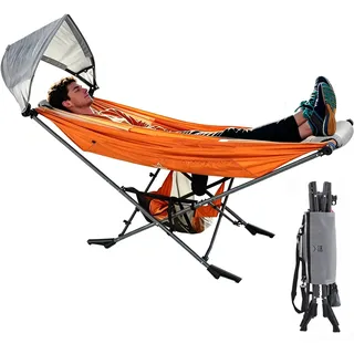 Hängematte Outdoor mit Gestell - Mock ONE® Freistehend klappbar hängeliege, Stabiler Metallständer, 210T Nylon, bis 113kg Belastbar, verstellbares UPF 50+ Sonnendach für Hof Camping Strand Terrasse