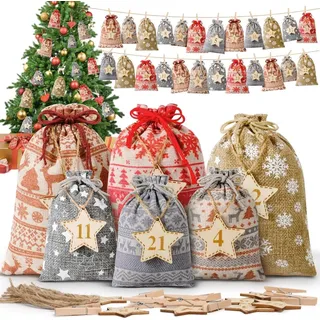Adventskalender zum Befüllen, 24 Stück Weihnachtskalender 2025 Adventskalender Selbst Befüllen Stoffbeutel mit Holz Zahlen Säckchen Weihnachten Deko Geschenktüten Weihnachten für Kinder & Erwachsene