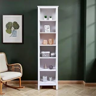 Inter Link Regal Schmales Standregal mit 6 offenen Fächern – Platzsparendes Bücherregal für Wohnzimmer, Büro und Schlafzimmer – Modernes Mehrzweckregal in Heller Holzoptik Massivholz Kiefer weiß