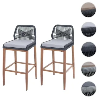 Mendler 2er-Set Rope-Barhocker HWC-O21, Outdoor Sitzpolster Seilgeflecht Metall Holz-Optik ~ anthrazit, Kissen hellgrau