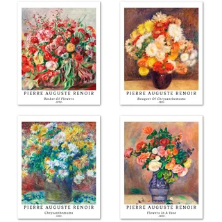 Kunstdruck Ungerahmt Bilder Set von 4, Poster Größe: 28x35 cm Premium Blumen Kunstpapier Wanddeko Vintage Geschenk Bunt Foto Fotoalbum Passenden Collage Deko Pierre Auguste Renoir Pictures