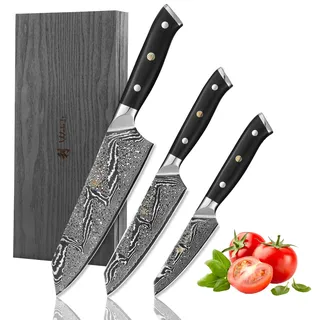 Wakoli Nitoko Full Tang Damastmesser Set 3-teilig I Zwei Kiritsuke Messer und Allzweckmesser aus 67 Lagen Damaststahl VG10 Kern 60±2 HRC I G10 Griff I Küchenmesser Set in Holzbox