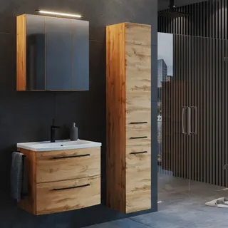 Badezimmer Set Industrial Style 60 cm Waschtisch und Hochschrank in Wotan Eiche Nb. inkl. Waschbecken und Spiegelschrank, B/H/T: ca. 120/200/45 cm - Braun