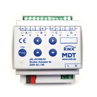 MDT Jalousieaktor 4-fach, 4TE REG, 10A, 230V/300W, mit Fahrzeitmessung, Schaltaktor (JAL-0410M.02)