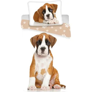 Kinder Bettwäsche Wendemotiv Hund Boxer Welpe braun weiß Bettdecke 140 x 200 + Kopfkissen 70 x 90 cm, 100% Baumwolle mit Reißverschluss - Braun, Weiß