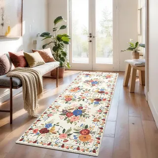 BYBSRLL Küchenteppich Flur Teppich 60x180cm, Blumen Teppich Kurzflor, Küchenteppich Waschbar, Flurteppich Läufer Lang Rutschfester für Küche, läufer Flur, Bettvorleger, Büro, Eingangsbereich, Beige
