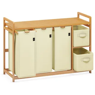 ADEL DREAM Wäschekorb 5 Fächer Wäschesammler 190L Wäscheboxen Mit Korb Wäschesortierer mit 3 Wäschesäcken & 2 Stoffboxen mit Ablage Wäschesack Bambus Wäscheregal Wäschebox Laundry basket Beige