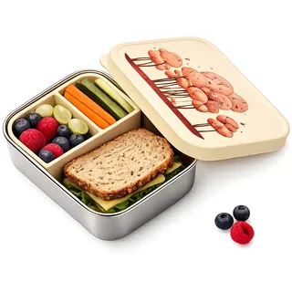 Jenard Edelstahl Brotdose für Kinder – kompakte Brotdose/leichte Snackbox mit Silikon Deckel & Trennfach. Ideal für Kindergarten & unterwegs. Auslaufsicher & BPA-frei, Creme/Tiere im Wald