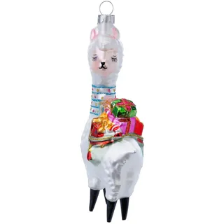 Holly & Jolly - Weihnachtskugel Lama, ca. 15 cm | Christbaumkugel aus Glas, handbemalt, Weihnachtsbaumschmuck in Weiß, beglittert, Weihnachtsdeko für Innen