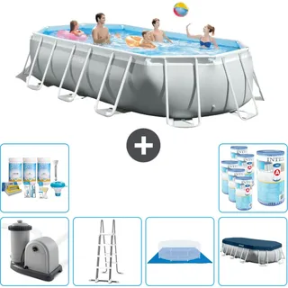 Intex Oval Prism Frame Swimmingpool – 503 x 274 x 122 cm – Grau – inklusive Pumpe – Leiter – Bodenplane – Abdeckung Wartungspaket - Filter