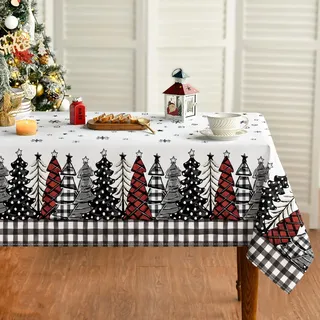 Artoid Mode Schwarz Weiß Büffelkaro Bäume Schneeflocken Weihnachten Tischdecke 140x110 cm, Stern Fleckschutz Tischwäsche Küche Dekoration Party Dekor