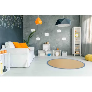 carpetfine Sisalteppich Naturfarbe Ø 60 cm handgewebt mit Bordüre aus Baumwolle in Blau | Moderner Rutschfester Flachgewebe Teppich Uni aus Naturfasern für Wohnzimmer, Schlafzimmer