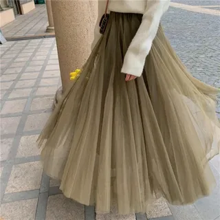 ZXCL Eleganter Tüllrock Herbst Winter Große Swing Frauen Rock Koreanische Nette Rosa Grün Grau Blau Braun Schwarz Langer Rock-Army Green,One Size