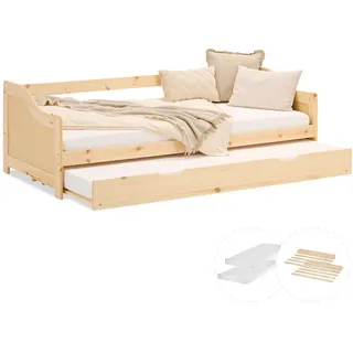 Homestyle4u Ausziehbett mit Matratze 90/200 cm Natur , Naturfarben , Holz , Kiefer , 90x200 cm , Schlafzimmer, Betten