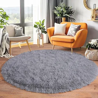 BSGIFT Flauschiger Hochflor Teppich Rund 160 cm Grau, Shaggy Langflor Teppich Wohnzimmer, Modern Wohnzimmerteppich Bettvorleger High-Pile Carpet rutschfest für Schlafzimmer Kinderzimmer