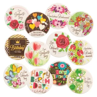 Günthart 12 Sück Günthart Dekorschilder "Zum Geburtstag" und "Herzlichen Glückwunsch" mit zwölf verschiedenen Motiven aus Dekormasse, 1er Pack (162 g)