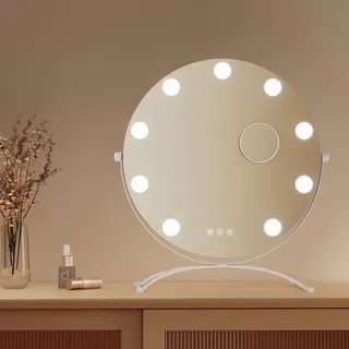 EMKE Kosmetikspiegel Hollywood 47X40cm Rund Schminkspiegel mit LED Beleuchtung und Vergrößerung 7x, 3 Lichtfarben Dimmbar, Weiß - Weiß
