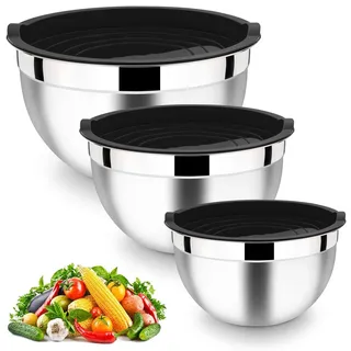 HaWare Rührschüssel, Edelstahl Schüssel Salatschüssel 3er Set mit Luftdichtem Deckel, Perfekt für Backen/Kochen/Zubereitung, Stapelbar & Spülmaschinenfest, 4.5L / 2.7L / 1.5L - Schwarz