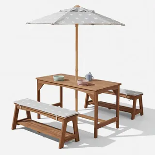 Roba Kindersitzgruppe mit Sitzauflage und Schirm teak , Teakfarben , Holz , Stern/Sternzeichen , rechteckig,Rechteckig , Freizeit & Co, Gartenspielzeug, Spielhäuser