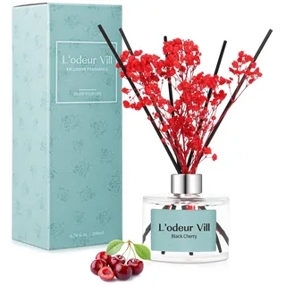 L'odeur Vill Raumduft Reed Diffuser 200ml, Luxus Aromaduft mit 6 Duftstäbchen, Langanhaltender Duft für Wohnzimmer Schlafzimmer Bad Büro, (Schwarze Kirsche)