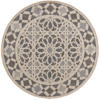 Kunstloft Outdoorteppich rund River Beige/Blau ø 130 cm rund , Blau, Beige , Kunststoff , Ethno , Rund , 130x1 cm , Gots , wasserabweisend , Teppiche und Böden, Teppiche, Outdoorteppiche