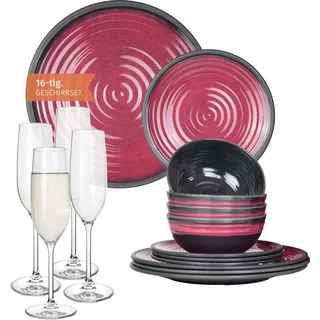 Melamin Camping Geschirr Set 4 Personen Stone Red + 4 Tiamo Champgner Gläser Flûtes Tafelgeschirr Picknick BBQ Kochgeschirr