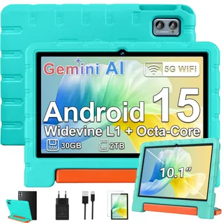 ZIOVO Kinder Tablet 10 Zoll Android 15 mit 30GB RAM+TF 2TB, 5G WiFi, Widevine L1, Octa-Core, Gemini AI, Face ID, Kindersicherung, 1280*800, 6000mAh, BT 5.0, GMS Certified Kids Tablet mit Eva Case-Grün